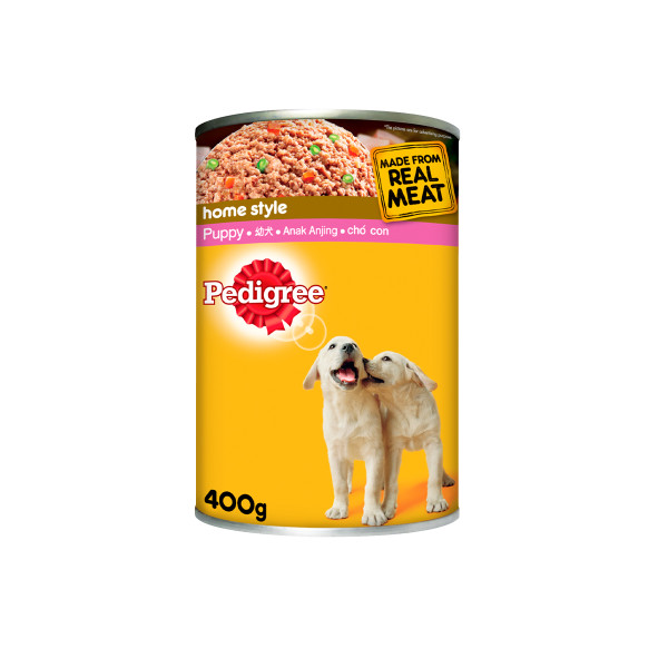 A 400g can of Pedigree wet dog food for puppies.
