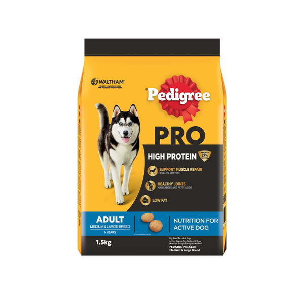 A 1.5kg pack of Pedigree Pro high protein adult dog food for adult medium and large breed dogs.