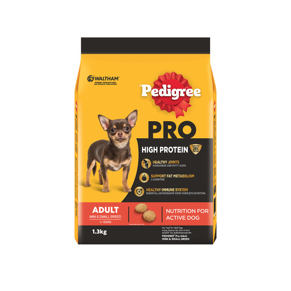 A 1.3kg pack of Pedigree Pro high protein adult dog food for mini and small breed dogs.