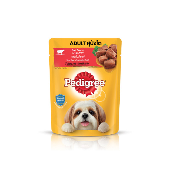 A pack of Pedigree wet dog food beef flavor in gravy.