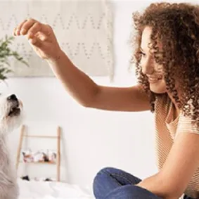Woman smiling happily with her pet as they undergo a dog training session at home.