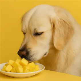 Adult golden retriever sniffing a plate of freshly cut pineapples.