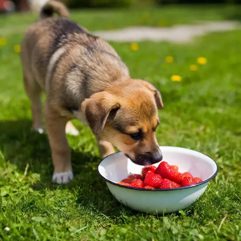 A brown puppy eating a bowl of strawberries in a garden.