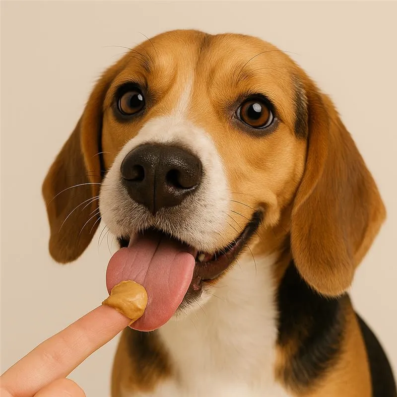 An adult beagle happily licking peanut butter from its owner's finger.